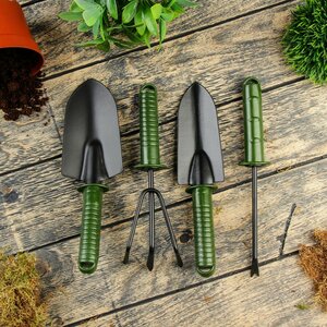 Набор садового инструмента, 4 предмета: 2 совка, рыхлитель, корнеудалитель, длина 25 см, пластиковые ручки 951809