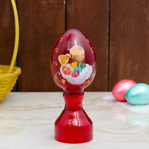 Яйцо пасхальное малое, стеклянное, с ручной росписью на рубиновом фоне 973669