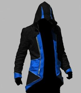 Куртка ассасина с капюшоном (черная с синими вставками)