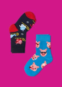 Цветные носки и колготки JNRB Носки детские (2 пары) Свиносмайлики на санках для девочек