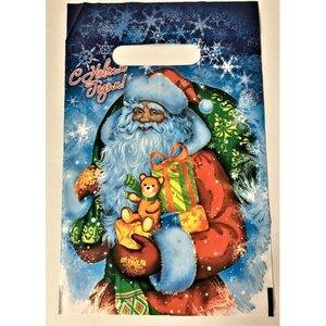 Пакет Новогодний Дед Мороз с подарками 19*29 см прорезь