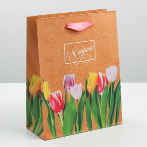 Пакет подарочный на 8 марта крафтовый Тюльпаны