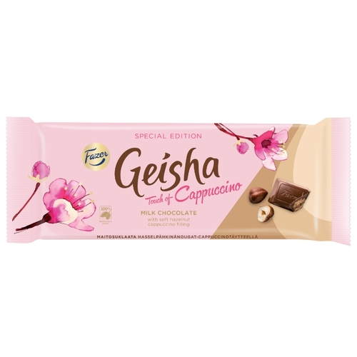 Шоколад Geisha молочный с начинкой из тертого ореха и вкусом капучино 30% какао