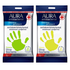 Салфетки влажные Aura Derma Protect pocket-pack , 15шт., антибакт., с лимоном/ромашкой Aura 4607068628212